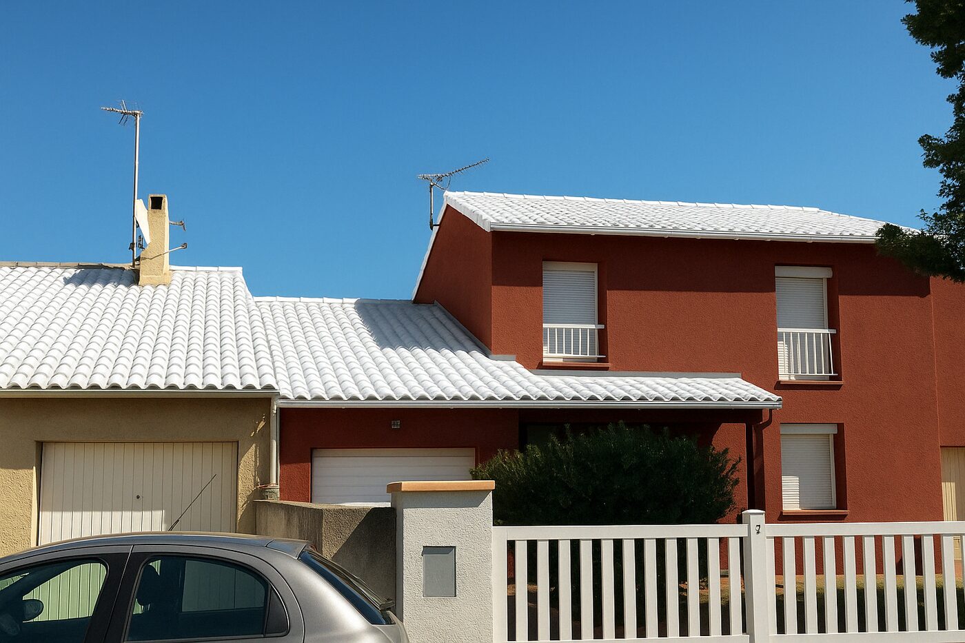 Toiture traitée en cool roof blanc réfléchissant par WB Toit Concept — Perpignan (66), chantier 1