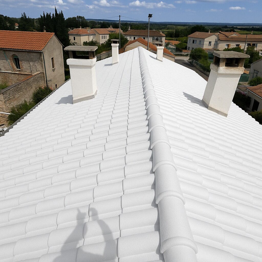 Toiture traitée en cool roof blanc réfléchissant par WB Toit Concept — Perpignan (66), chantier 3