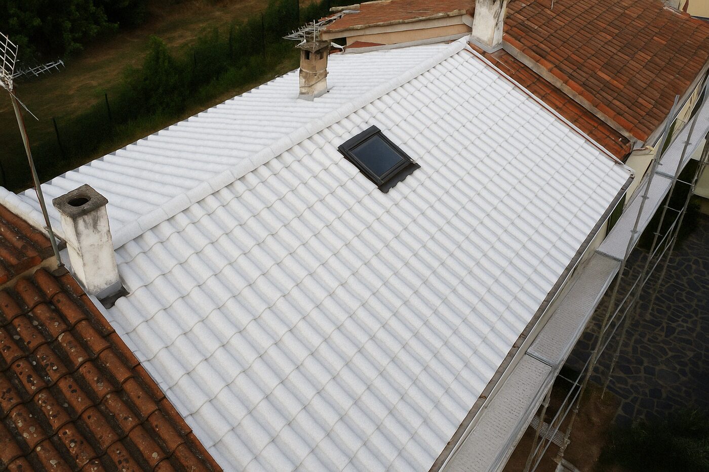 Toiture traitée en cool roof blanc réfléchissant par WB Toit Concept — Perpignan (66), chantier 8