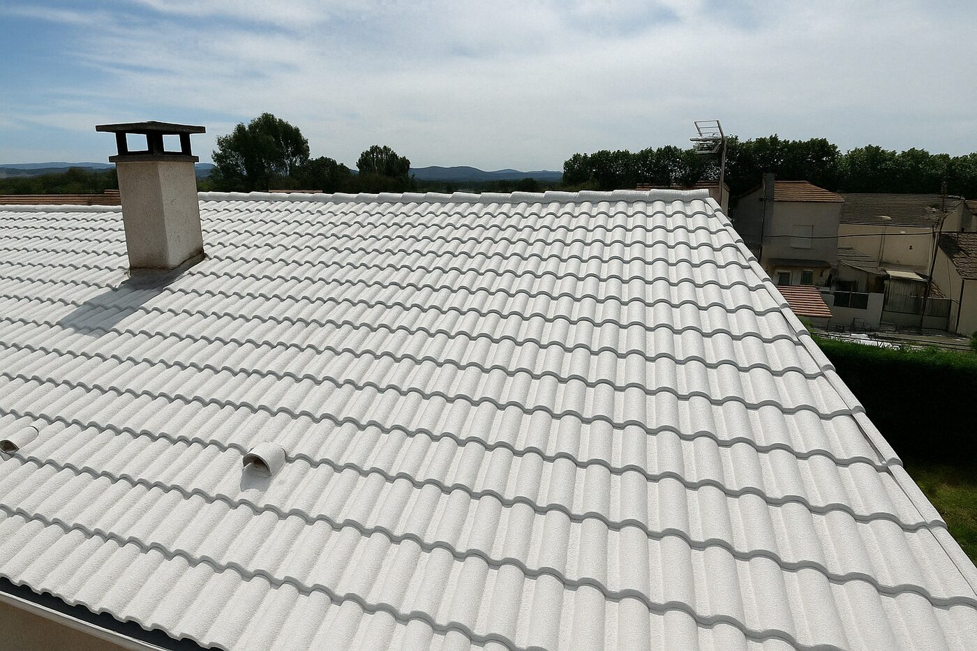 Toiture traitée en cool roof blanc réfléchissant par WB Toit Concept — Perpignan (66), chantier 9