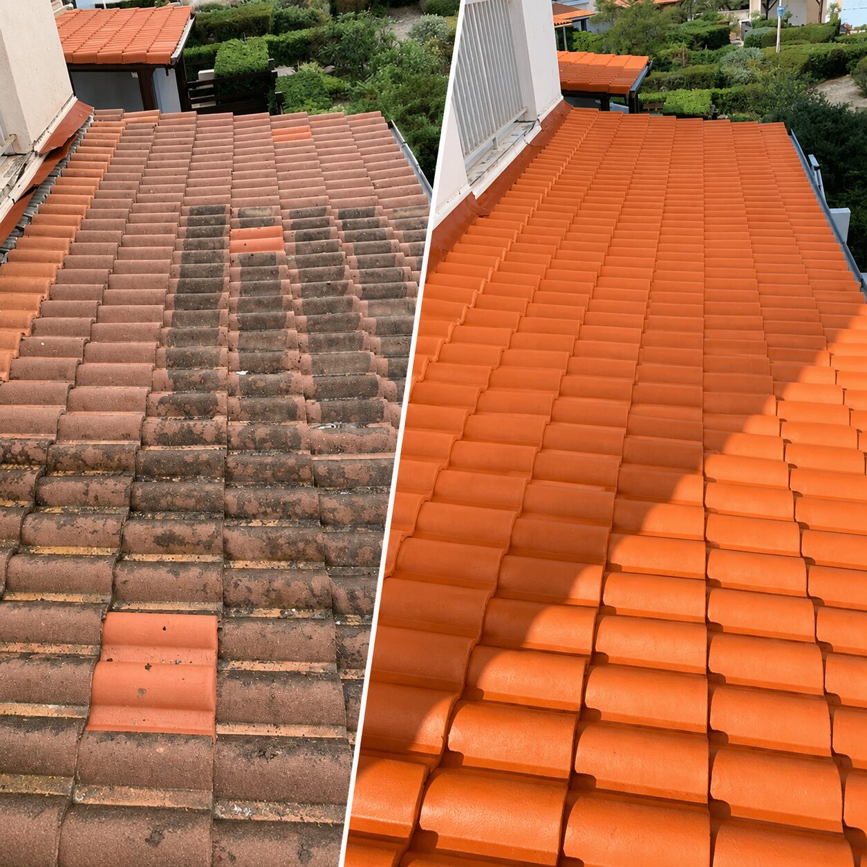 Toiture traitée par hydrofuge coloré rouge — avant/après, WB Toit Concept Perpignan