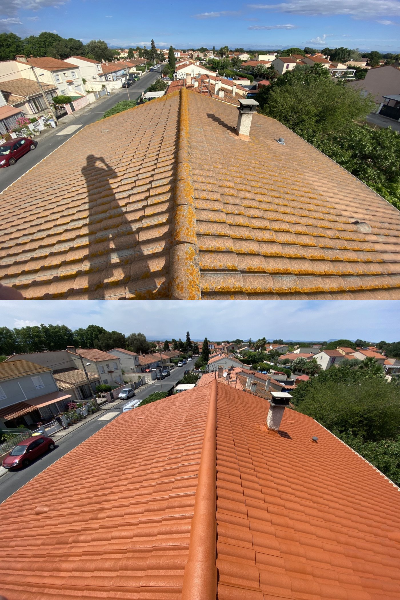 Toiture avant et apr&egrave;s hydrofuge color&eacute; &agrave; Perpignan
